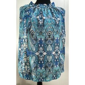 Tanner‎ Silk Paisley Sleeveless Blouse Top Teal Blue White Size 14
